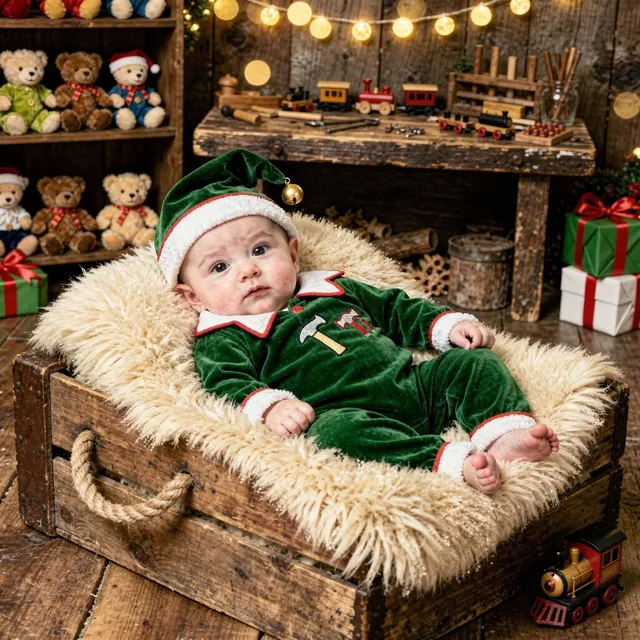 Awake baby in a Santa outfit in a workshop scene