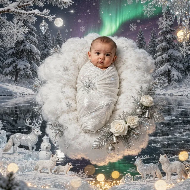 Awake baby in a cocoon in a snowy winter landscape