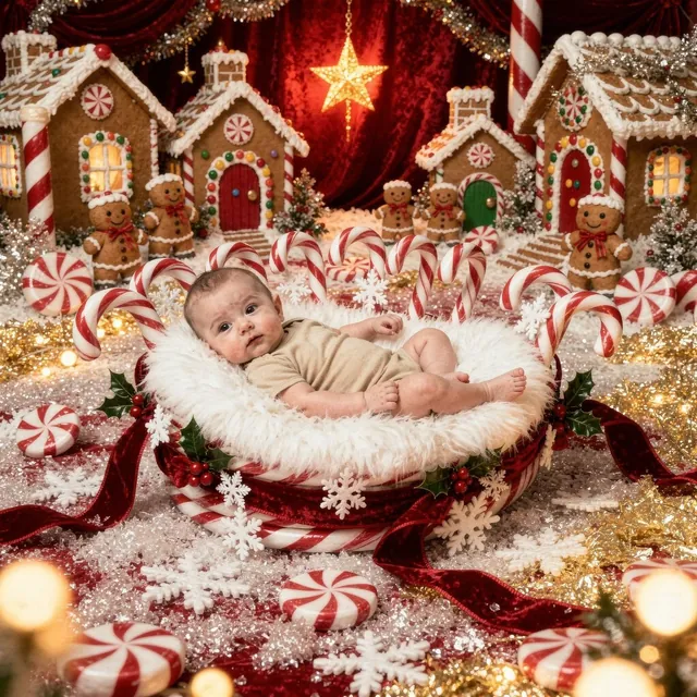 Awake baby with a Santa hat and a large candy cane